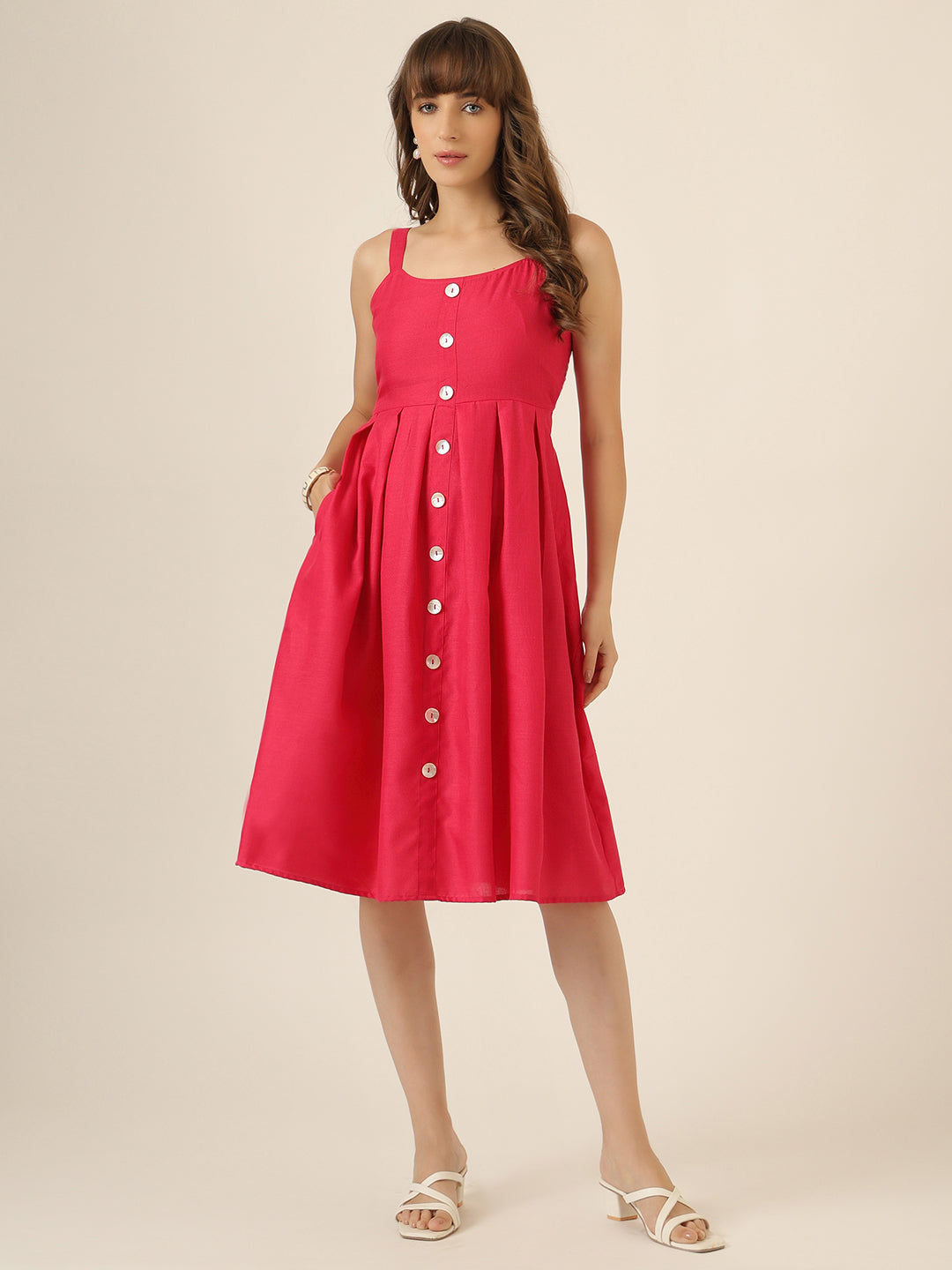 Women Pink Solid Button-Front Sleeveless Casual Dress