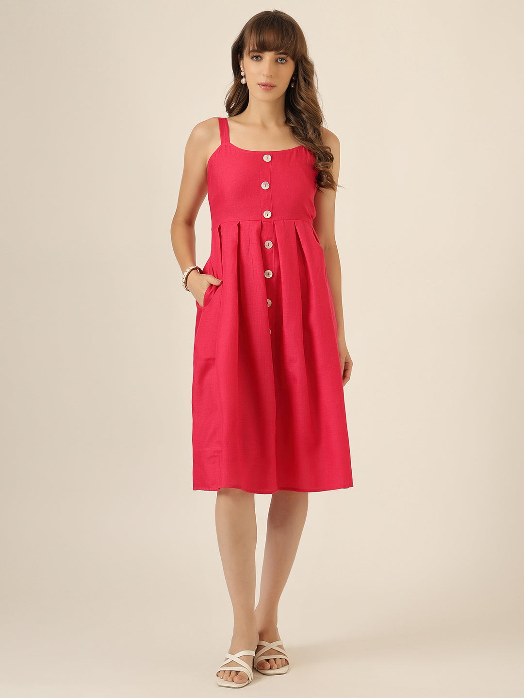 Women Pink Solid Button-Front Sleeveless Casual Dress
