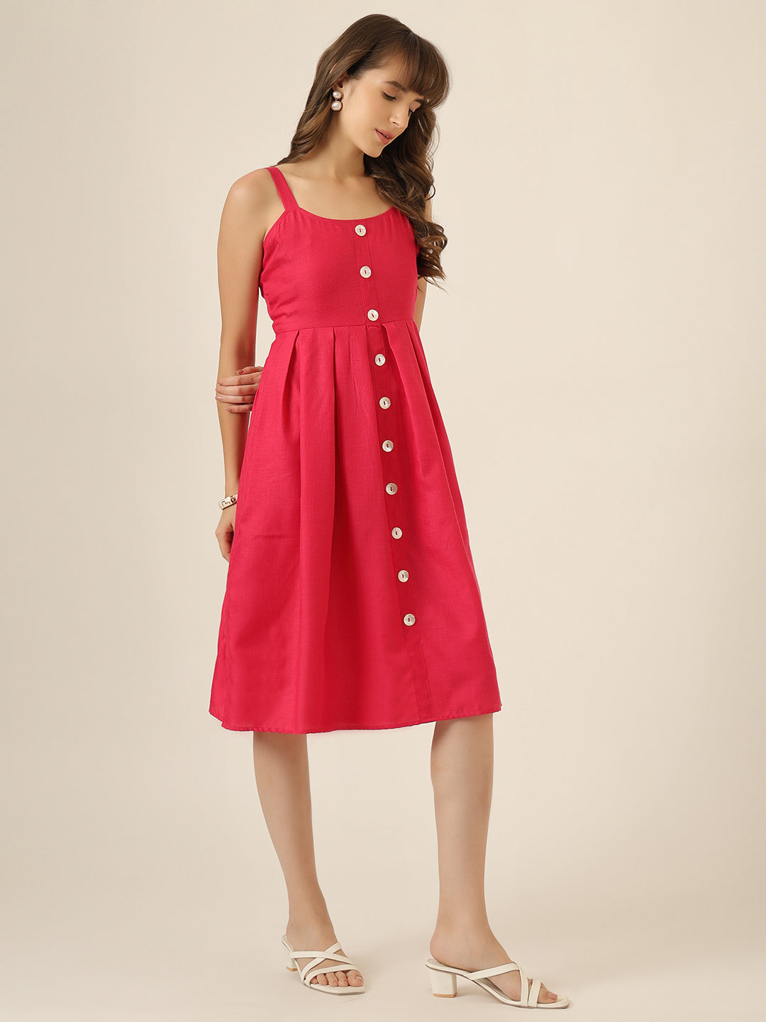 Women Pink Solid Button-Front Sleeveless Casual Dress