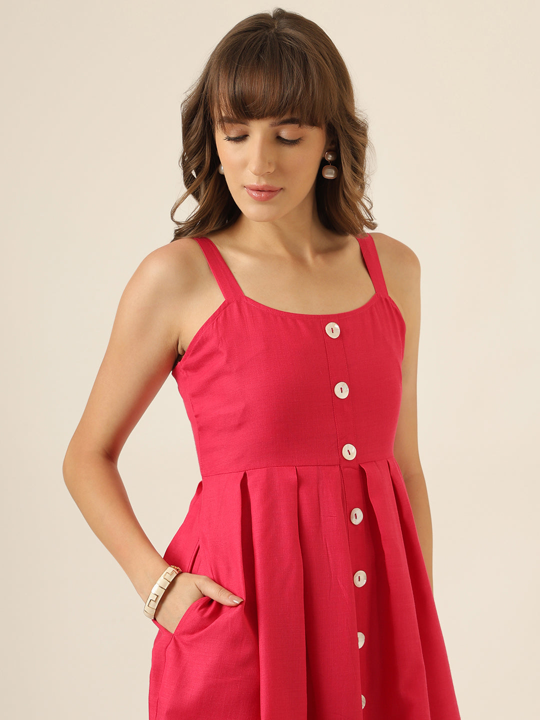 Women Pink Solid Button-Front Sleeveless Casual Dress