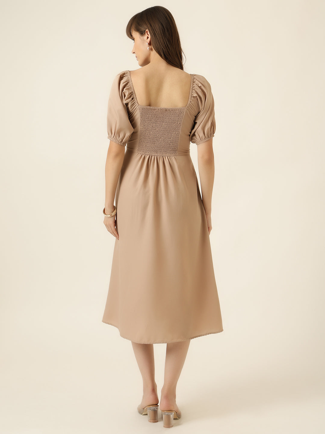 Puff Sleeve A Line Midi Dress - Beige