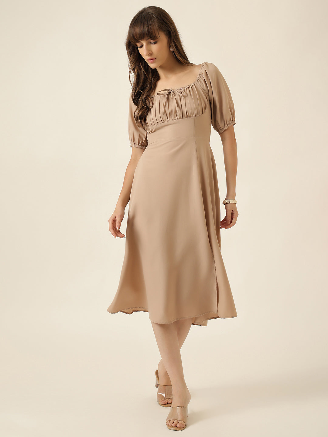 Puff Sleeve A Line Midi Dress - Beige