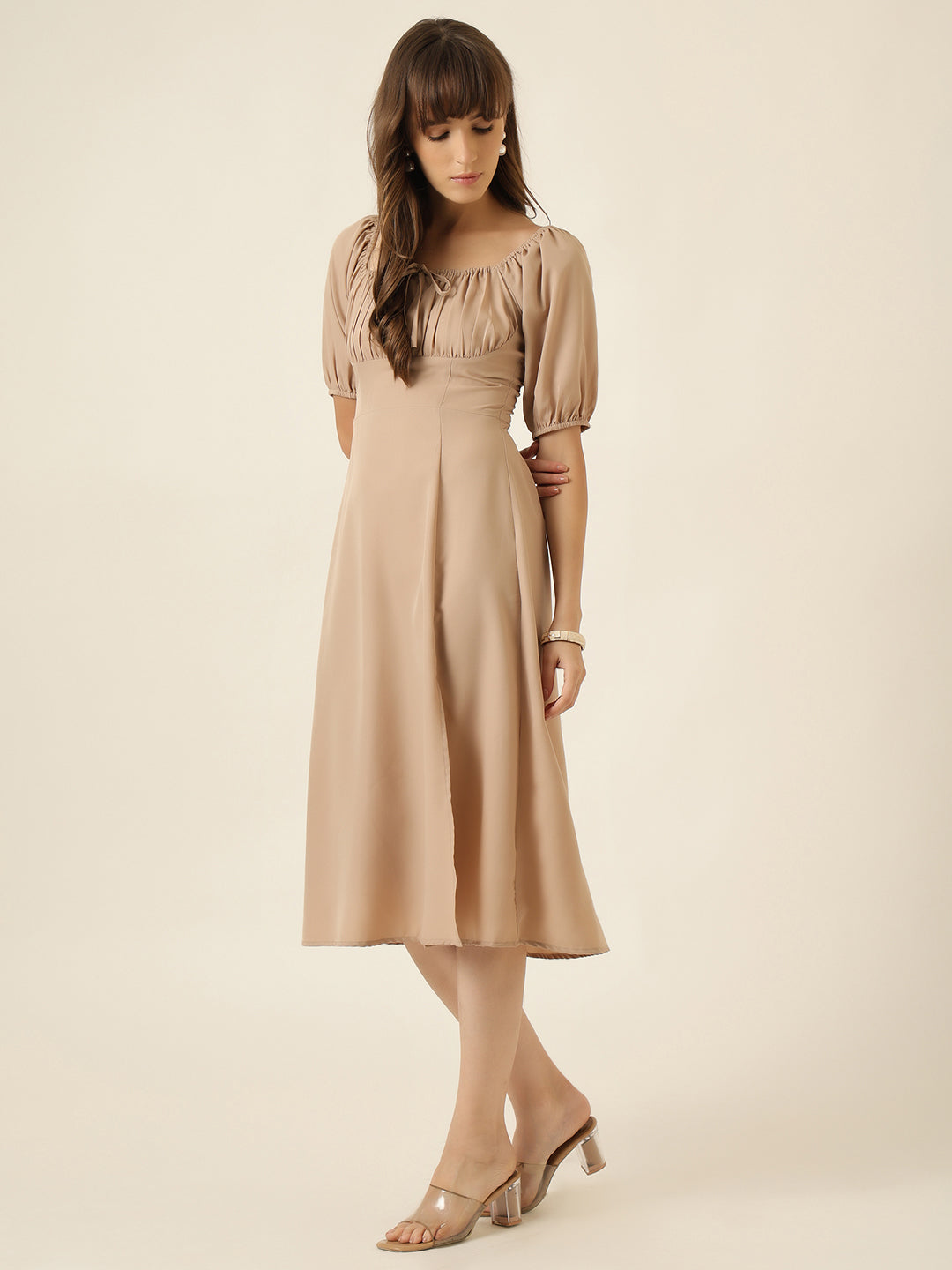 Puff Sleeve A Line Midi Dress - Beige