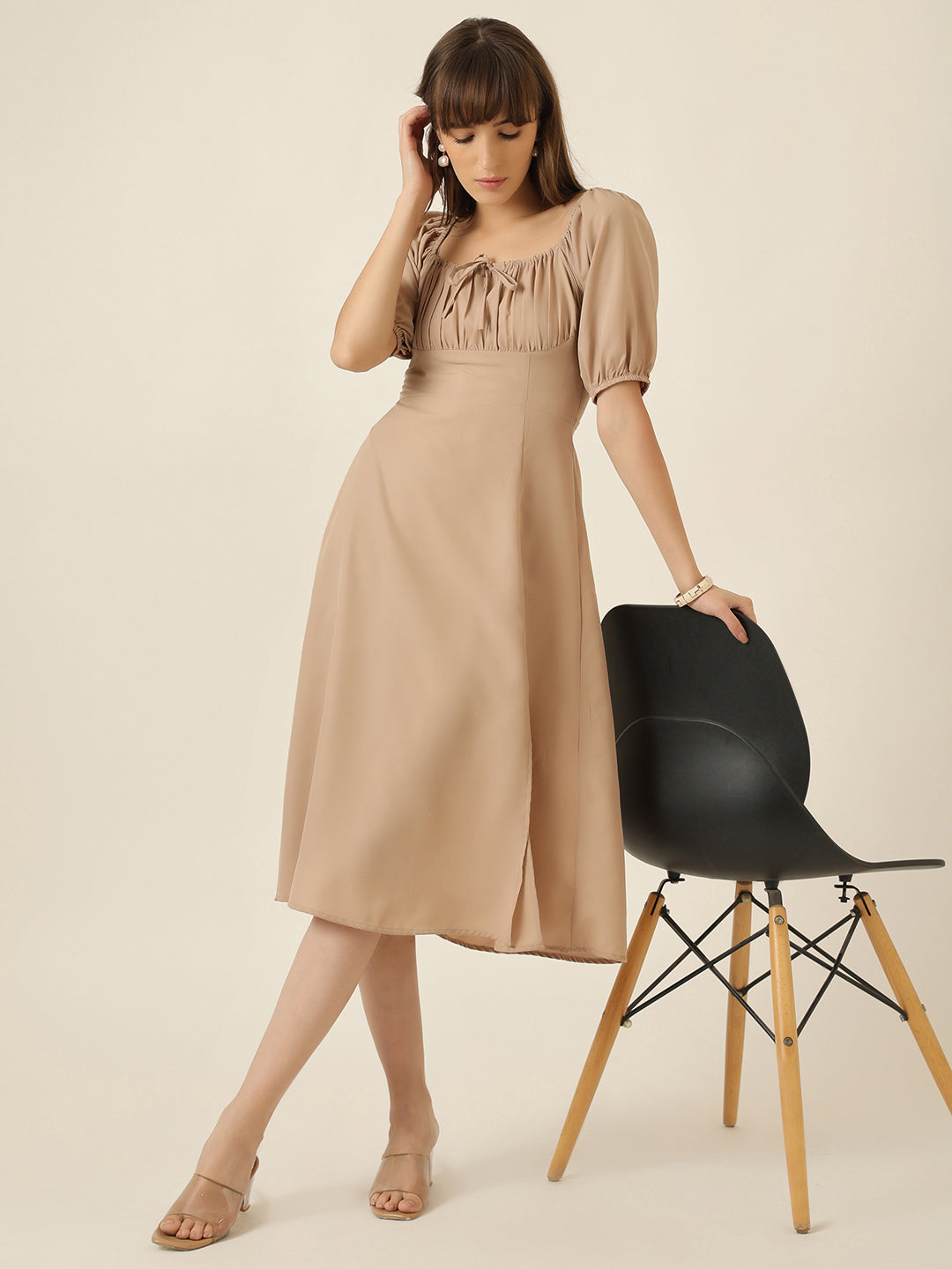 Puff Sleeve A Line Midi Dress - Beige