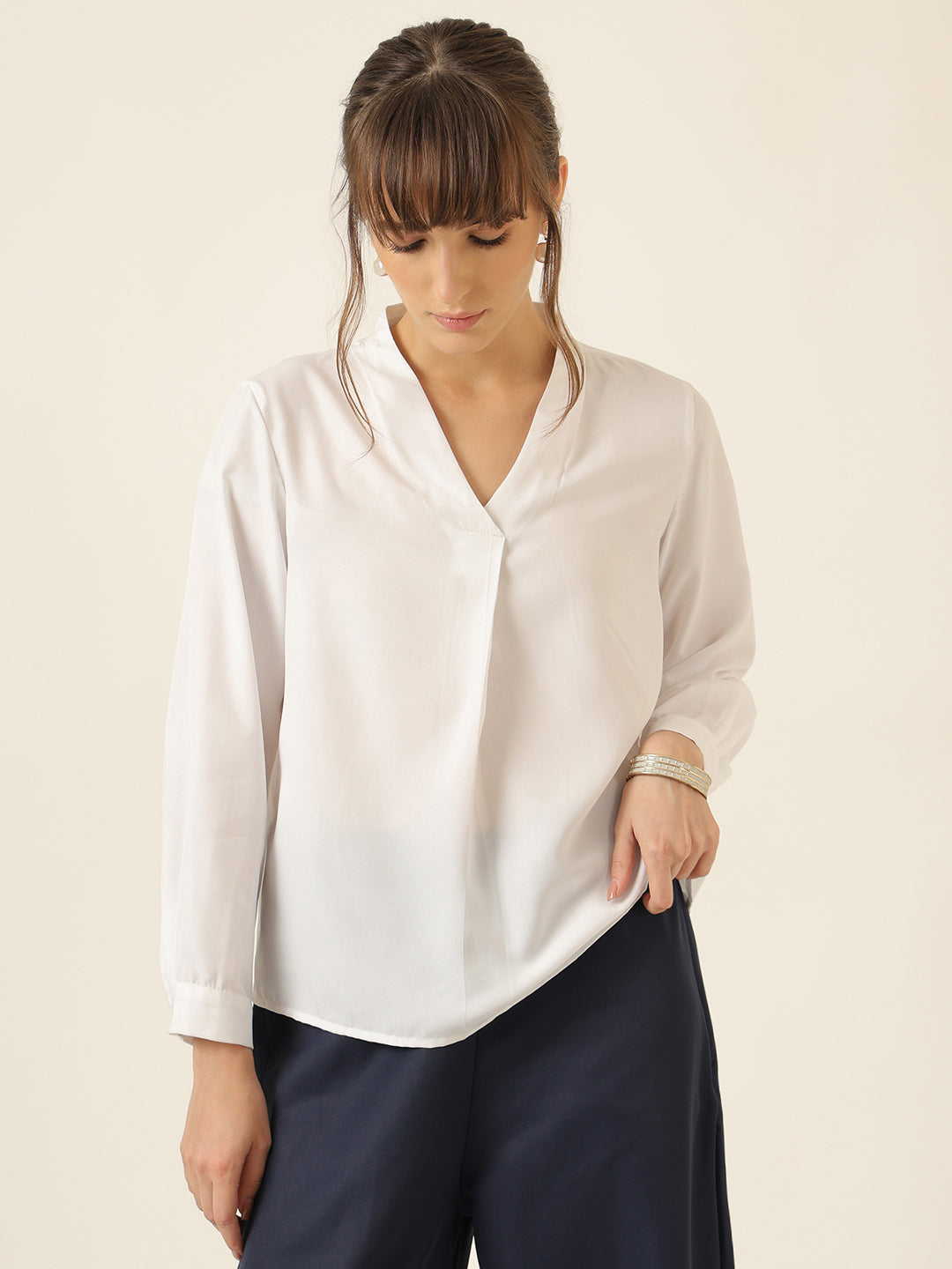 Front Pleat V Neck Collared Top-White