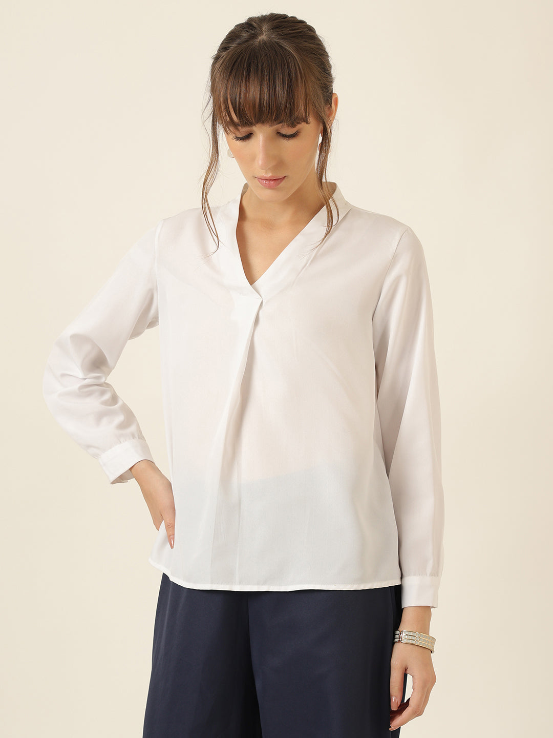 Front Pleat V Neck Collared Top-White