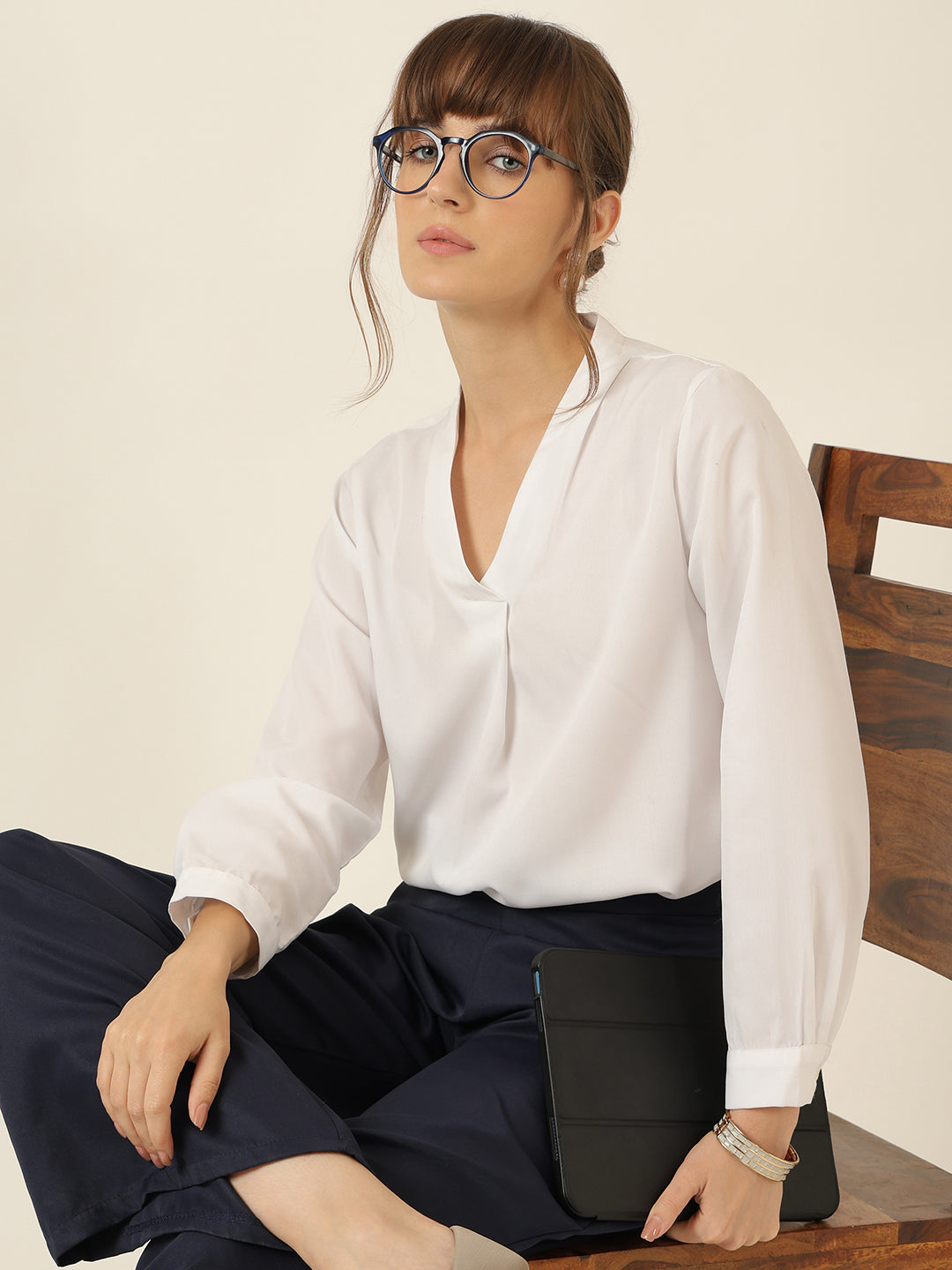 Front Pleat V Neck Collared Top-White